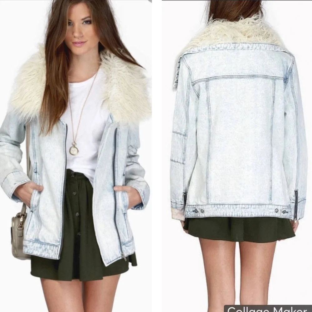 Somedays Lovin Oversized Denim Jacket W/Faux Fur Weathered Aged Acid Wash SZ S